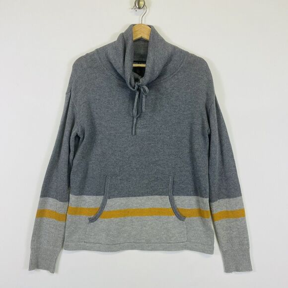Cynthia Rowley Grey Yellow Stripe Tight Knit Cowl Neck Sweater Womens Medium - Picture 1 of 6